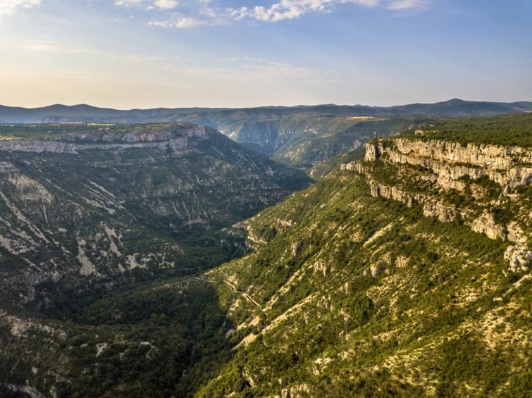 法国南部塞文山脉国家公园的 Causse du Larzac 峡谷的 Gorges la Vis 山谷鸟瞰图