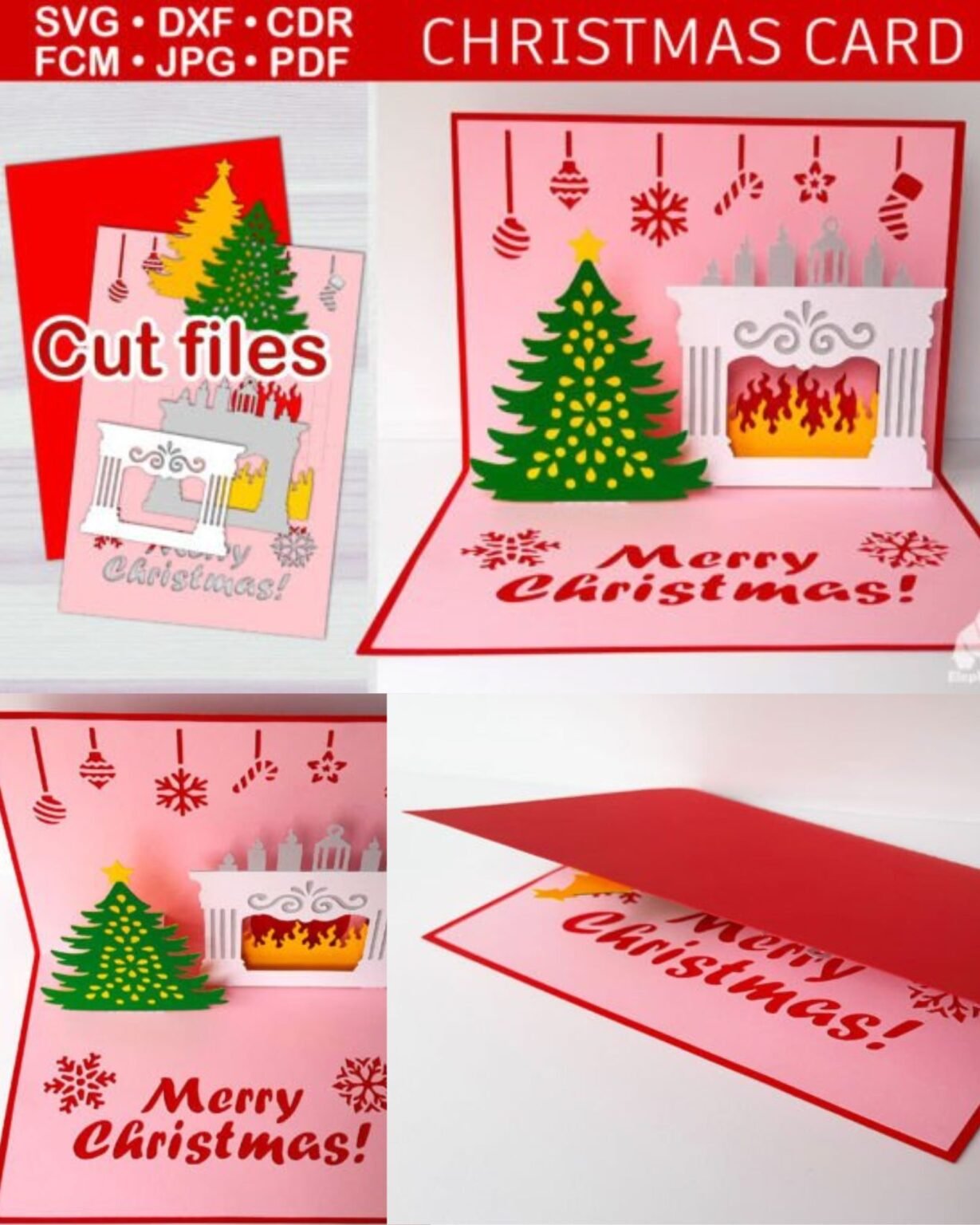 3d Pop-up Pink Christmas Card SVG Template - Paris Papa