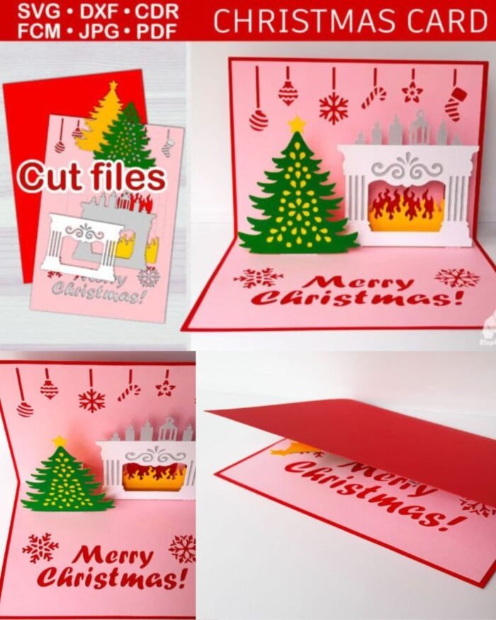 3d Popup Pink Christmas Card SVG Template Paris Papa