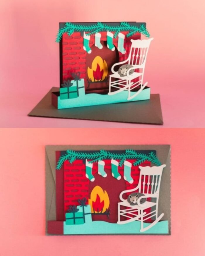 Christmas Cat Near the Fireplace Box 3d pop up Christmas Card