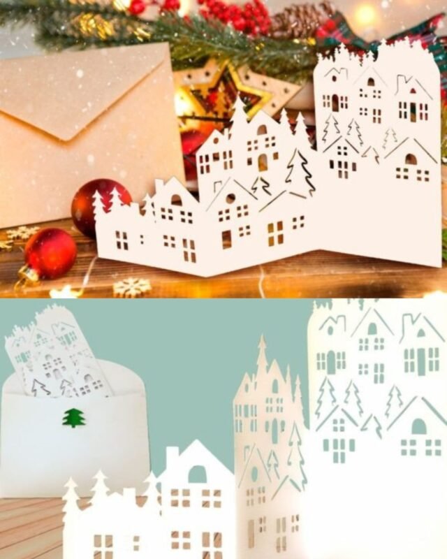 Christmas Village Accordion Card 3D Christmas Cards Family wellness home Smiles Carte Accordéon Village de Noël Cartes de Noël 3D Maison de bien-être familial Sourires
