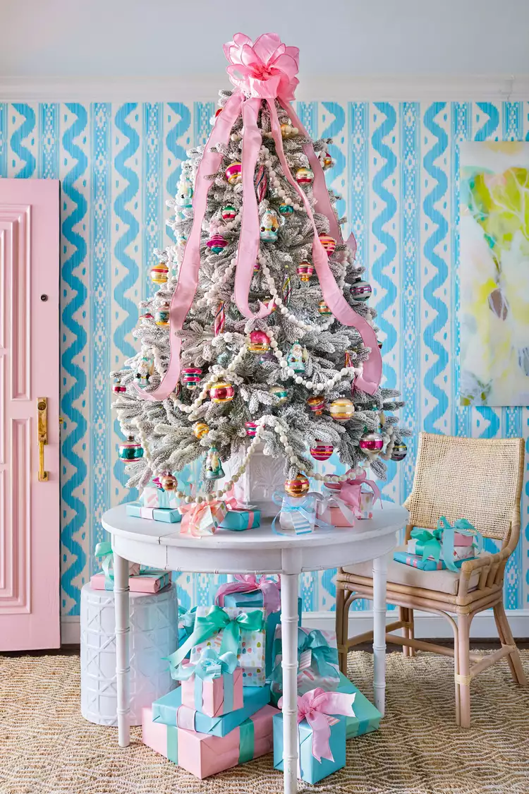 pastel blue pink christmas tree table